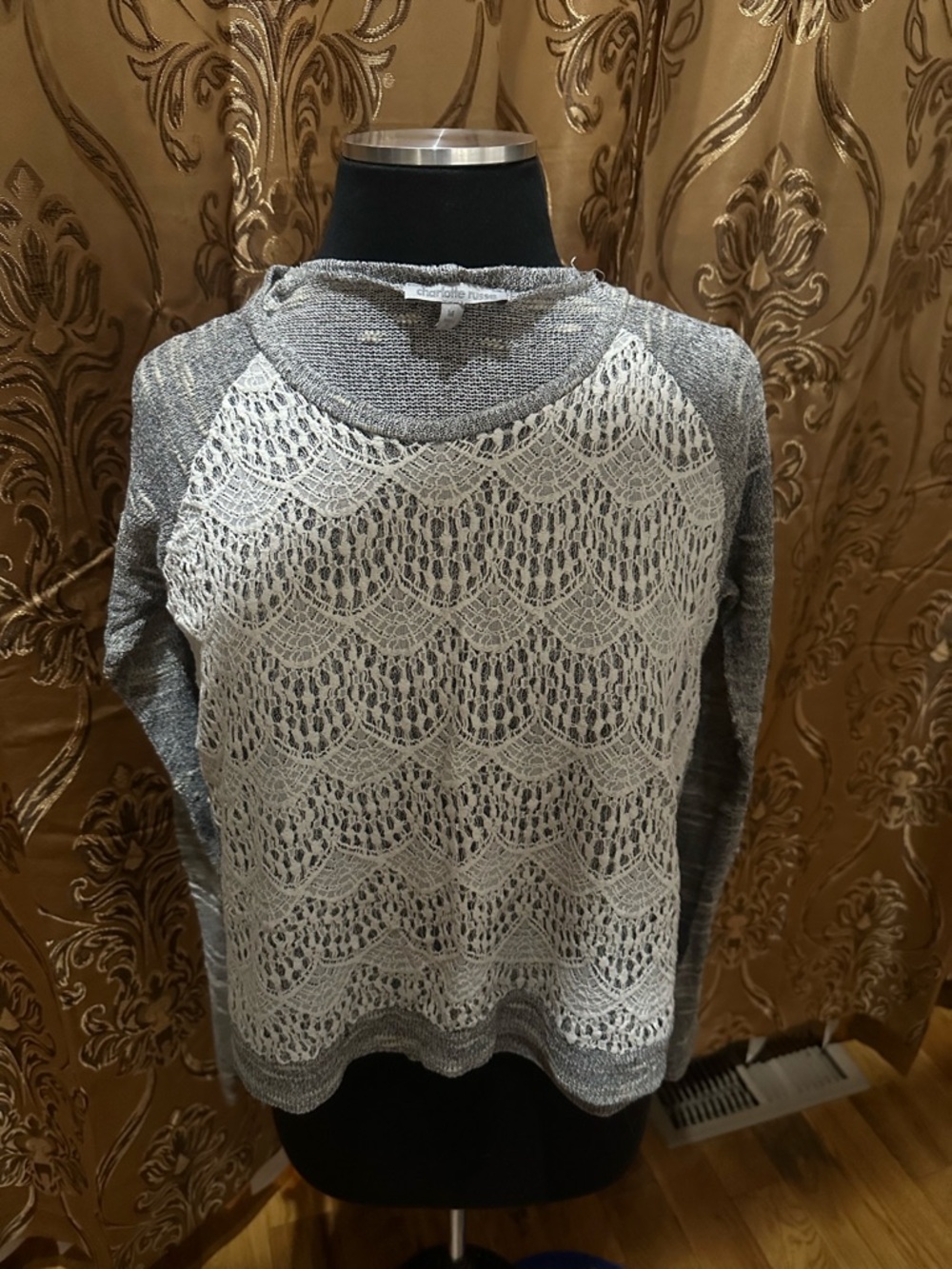 Charlotte Russe Gray Knit Sweater with Cream Lace Front